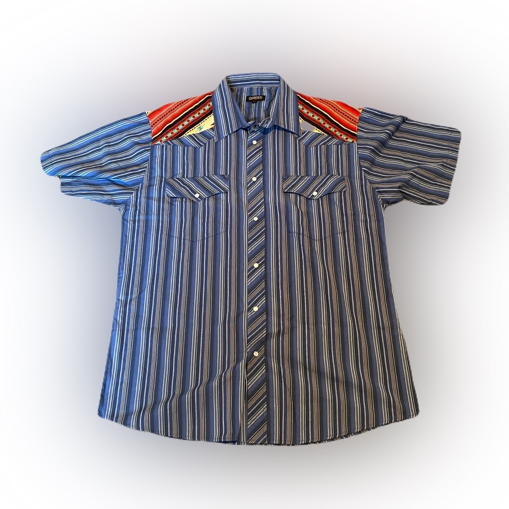 Gioberto Large Blue Aztec Pearl Snap Short Sleeve Shirt